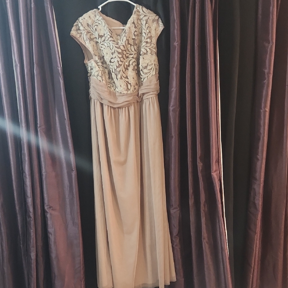 Sequin Evening Gown Womens 18 Cream Beige Cap Sleeve Tulle Formal *read